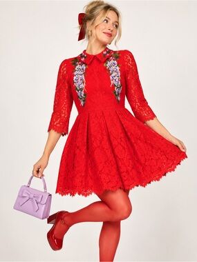 NWT Chicwish Red Embroidered Lace Dopamine Dress L